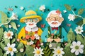 paper cut card A cheerful elderly couple gardening together, surrounded by spring blossoms