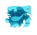 Paper cut cartoon blue whale on water in polygonal trendy craft style. Layered paper. Modern origami design. Concept greeting card