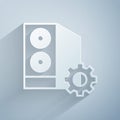 Paper cut Case of computer setting icon isolated on grey background. Computer server. Workstation. Adjusting, service Royalty Free Stock Photo