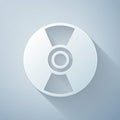 Paper cut CD or DVD disk icon isolated on grey background. Compact disc sign. Paper art style. Vector Illustration Royalty Free Stock Photo