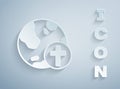 Paper cut Christian cross with globe Earth icon isolated on grey background. World religion day. Paper art style. Vector Royalty Free Stock Photo