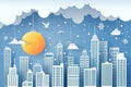 Paper cut of city, urban evening with the sun, bird, snow and clound. Paper art digital craft style