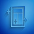 Paper cut Cleaning service for window icon isolated on blue background. Squeegee, scraper, wiper. Paper art style