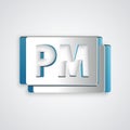 Paper cut Clock PM icon isolated on grey background. Time symbol. Paper art style. Vector Royalty Free Stock Photo