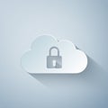 Paper cut Cloud computing lock icon isolated on grey background. Security, safety, protection concept. Paper art style Royalty Free Stock Photo