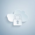 Paper cut Cloud computing lock icon isolated on grey background. Security, safety, protection concept. Protection of Royalty Free Stock Photo