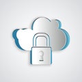 Paper cut Cloud computing lock icon isolated on grey background. Security, safety, protection concept. Protection of Royalty Free Stock Photo