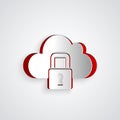 Paper cut Cloud computing lock icon isolated on grey background. Security, safety, protection concept. Protection of Royalty Free Stock Photo