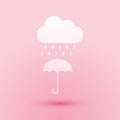 Paper cut Cloud with rain drop on umbrella icon isolated on pink background. Paper art style. Vector Royalty Free Stock Photo