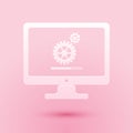 Paper cut Computer monitor update process with gear progress and loading bar icon isolated on pink background. Adjusting Royalty Free Stock Photo