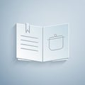 Paper cut Cookbook icon isolated on grey background. Cooking book icon. Recipe book. Fork and knife icons. Cutlery