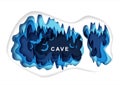 Paper cut craft style cave with bat silhouettes, vector illustration. Speleology or cave science, sport tourism.