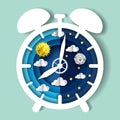 Paper cut craft style clock with day and night sky on dial, vector illustration. Sleep wake cycle. Circadian rhythm.