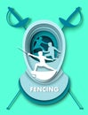 Paper cut fencing swords, mask, fencer athlete silhouettes, vector illustration. Fencing sport duel tournament training. Royalty Free Stock Photo