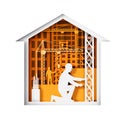 Paper cut craft style house with construction workers, tower cranes, buildings silhouettes, vector illustration. Royalty Free Stock Photo
