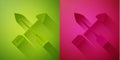 Paper cut Crossed arrows icon isolated on green and pink background. Paper art style. Vector Royalty Free Stock Photo