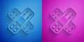 Paper cut Crossed bandage plaster icon isolated on blue and purple background. Medical plaster, adhesive bandage