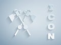 Paper cut Crossed medieval axes icon isolated on grey background. Battle axe, executioner axe. Medieval weapon. Paper