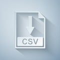 Paper cut CSV file document icon. Download CSV button icon isolated on grey background. Paper art style Royalty Free Stock Photo