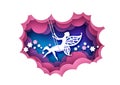 Paper cut cute magic fairy swinging on swing. Vector illustration in paper art style.