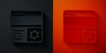 Paper cut Debugging icon isolated on black and red background. Debugging tool. Magnifying glass on bug programming