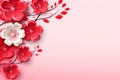 Paper cut decor with blooming pink red cherry flowers in left corner on light rose background. Abstract hand craft floral Royalty Free Stock Photo