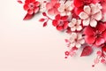 Paper cut decoration of blooming pink red cherry blossoms in right corner on light rose background. Abstract hand craft floral Royalty Free Stock Photo