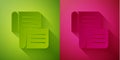 Paper cut Decree, paper, parchment, scroll icon icon isolated on green and pink background. Paper art style. Vector