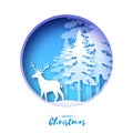 Paper cut deer in snowy forest and landscape. Merry Christmas Greeting card.Origami winter season. Happy New Year. Paper Royalty Free Stock Photo