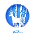 Paper cut deer in snowy forest and landscape. Merry Christmas Greeting card. Origami winter season. Happy New Year Royalty Free Stock Photo