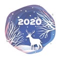 Paper cut deer in snowy forest and landscape. Merry Christmas Greeting card. 2020. Origami winter season. Happy New Year Royalty Free Stock Photo