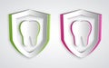 Paper cut Dental protection icon isolated on grey background. Tooth on shield logo. Paper art style. Vector Royalty Free Stock Photo