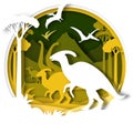 Paper cut dino silhouettes and nature landscape, vector illustration. Dinosaur, reptile wild animal. Archeology, history