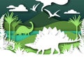 Paper cut dino silhouettes and nature landscape, vector illustration. Dinosaur, reptile wild animal. Archeology, history Royalty Free Stock Photo