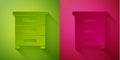 Paper cut Drawer with documents icon isolated on green and pink background. Archive papers drawer. File Cabinet Drawer