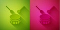 Paper cut Drum with drum sticks icon isolated on green and pink background. Music sign. Musical instrument symbol. Paper Royalty Free Stock Photo