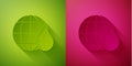 Paper cut Earth planet in water drop icon isolated on green and pink background. World globe. Saving water and world Royalty Free Stock Photo