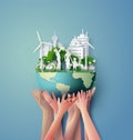 Paper cut of eco concept with family in the city. Royalty Free Stock Photo