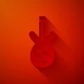 Paper cut Electric bass guitar icon isolated on red background. Paper art style. Vector Royalty Free Stock Photo