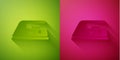 Paper cut Electric iron icon isolated on green and pink background. Steam iron. Paper art style. Vector Illustration Royalty Free Stock Photo