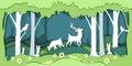 Paper cut environment. Multilayer flat cardboard forest with animals, save the world origami concept. Deer, hares and Royalty Free Stock Photo