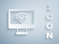 Paper cut Eye of Horus on monitor icon isolated on grey background. Ancient Egyptian goddess Wedjet symbol of protection Royalty Free Stock Photo