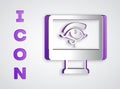 Paper cut Eye of Horus on monitor icon isolated on grey background. Ancient Egyptian goddess Wedjet symbol of protection