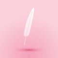 Paper cut Feather pen icon isolated on pink background. Paper art style. Vector Royalty Free Stock Photo
