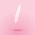 Paper cut Feather pen icon isolated on pink background. Paper art style. Vector