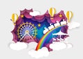 Paper cut ferris wheel, carousel, kids train, hot air balloons. Vector illustration in paper art style. Royalty Free Stock Photo