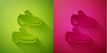 Paper cut Fitness sneakers shoes for training, running icon isolated on green and pink background. Sport shoes. Paper