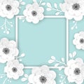 Paper Cut Flowers Frame Greeting Card Template. Decorative Design with 3D Origami Floral Elements for Spring Banner, Summer Royalty Free Stock Photo