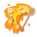 Paper cut flowing honey, wooden dipper, cute bees flying over blooming flowers. Vector illustration in paper art style.