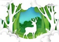 Paper cut forest landscape and beautiful deer silhouette. Vector illustration in paper art style. Save nature. Royalty Free Stock Photo